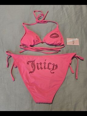 Juicy Couture Hot Pink Lips Rhinestone Bikini Set Swimwear M